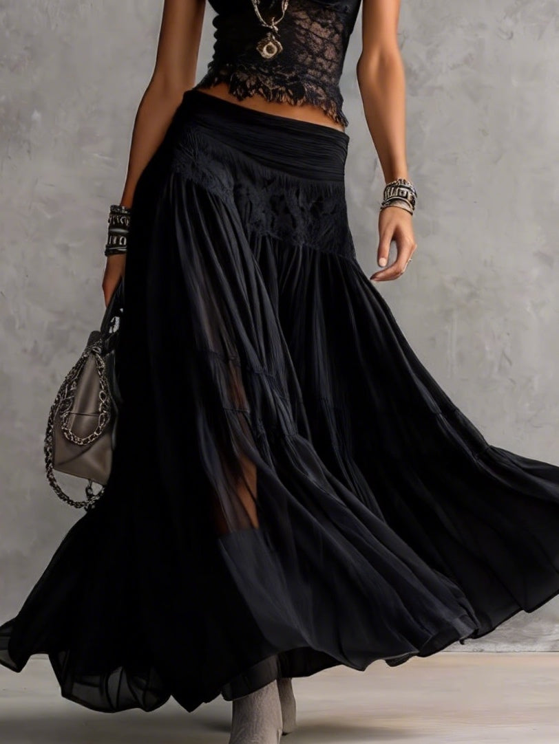 Maya | Lace-Paneled Top & Pleated Chiffon Maxi Skirt