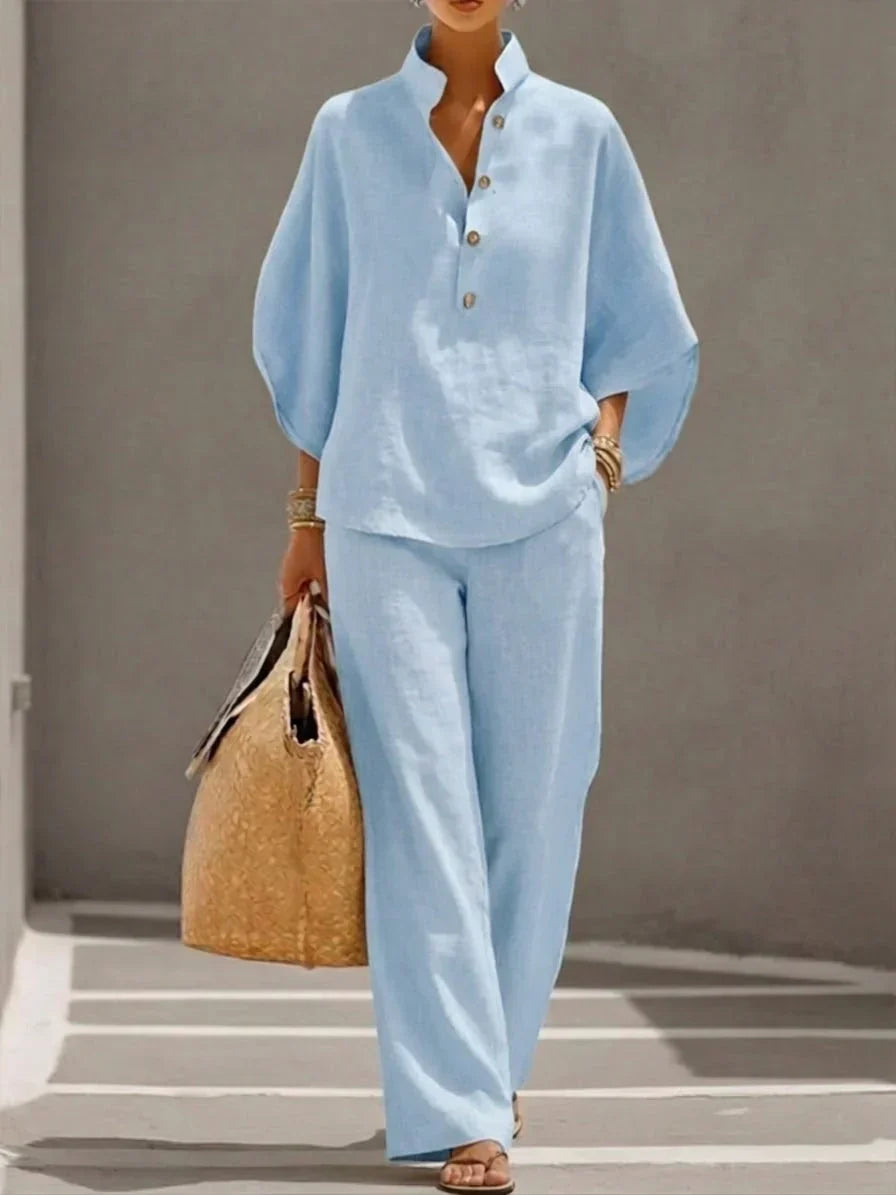 Sophie | Linen Set with Batwing Sleeves and Wide-Leg Pants