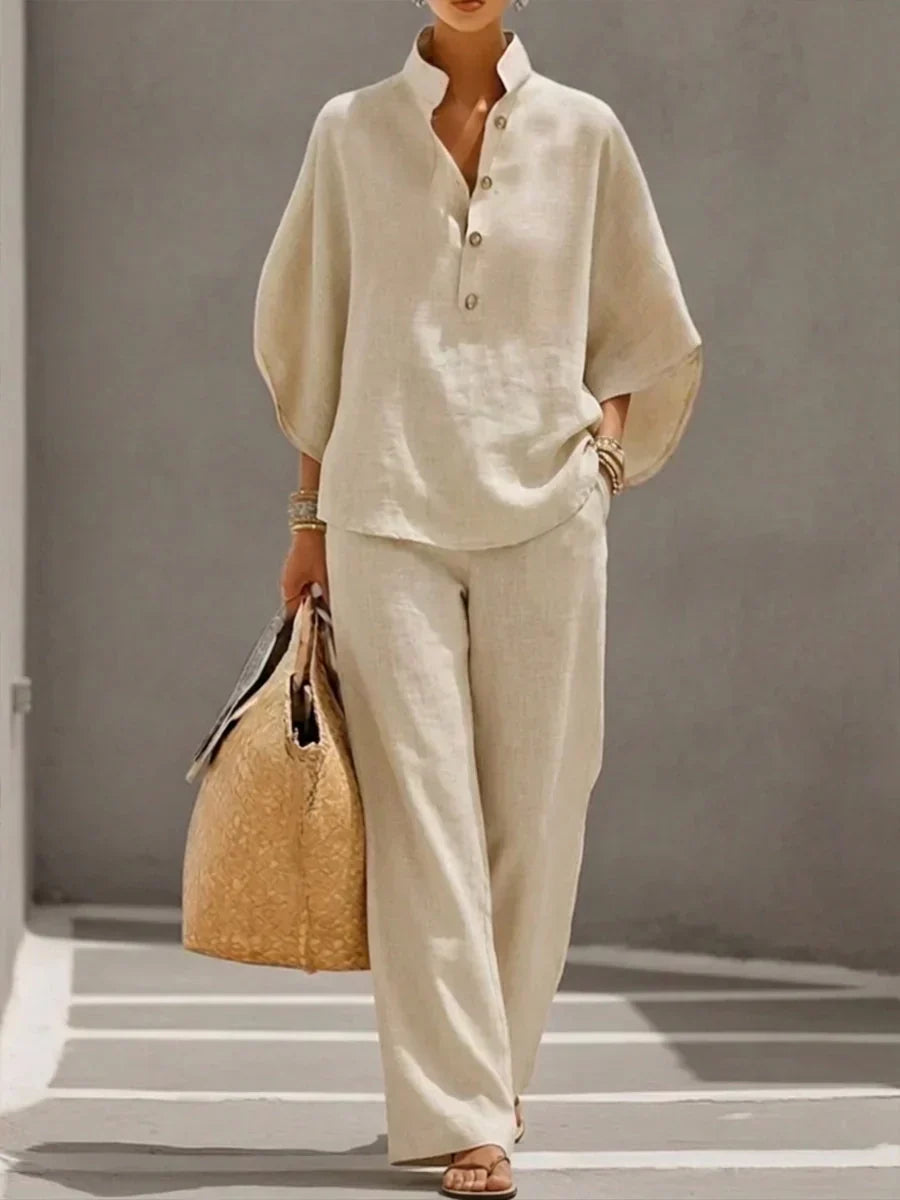 Sophie | Linen Set with Batwing Sleeves and Wide-Leg Pants