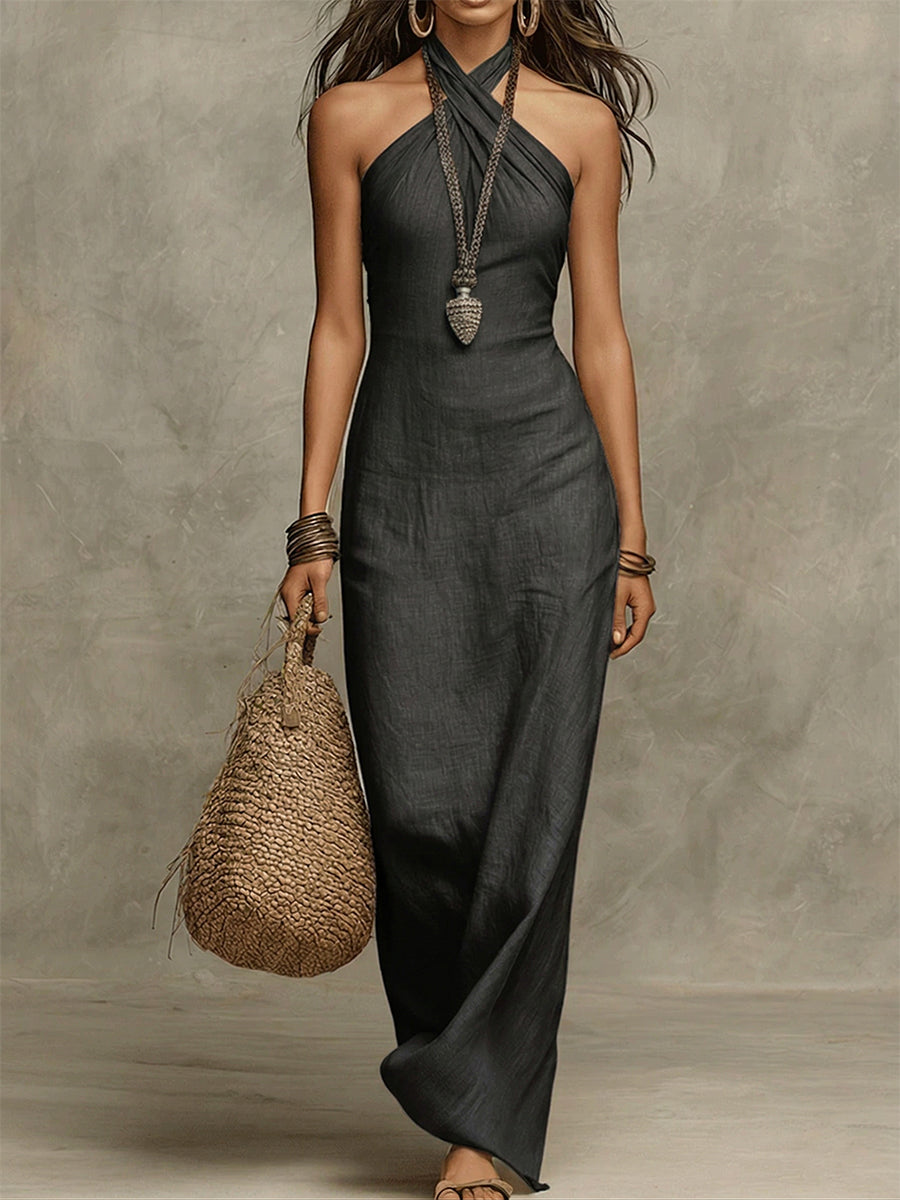 Avelina™ – Long, voluminous dress in cotton and linen, with an American collar