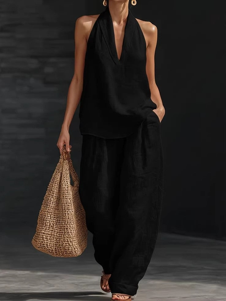 Amelia | Faux Linen V-Neck Top & Wide-Leg Pants Set