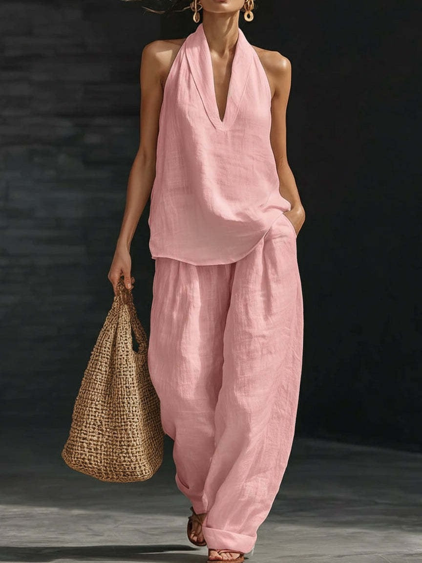 Amelia | Faux Linen V-Neck Top & Wide-Leg Pants Set